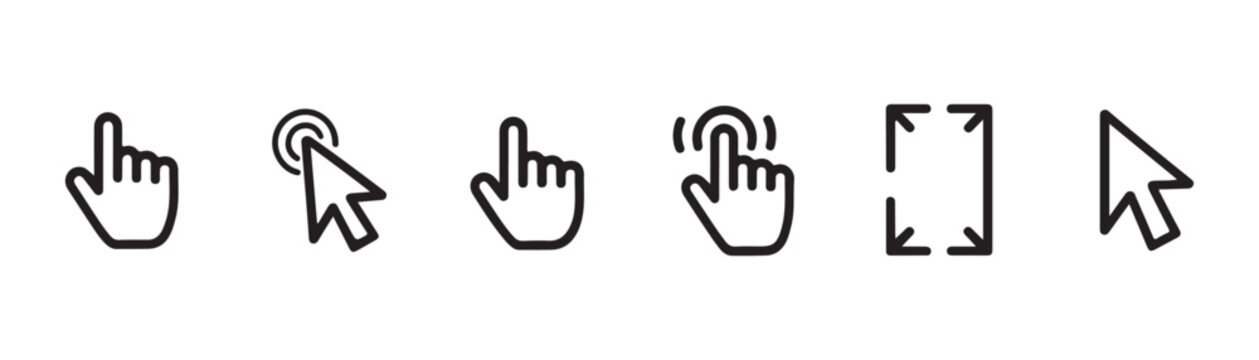Outline icons for cursor pointer hand gestures and interface elements on transparent background.