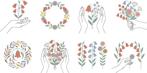 Fototapeta premium Minimal floral hand drawn botanical collection featuring pastel wildflowers, decorative wreaths, blooming bouquets, elegant line art vector illustrations