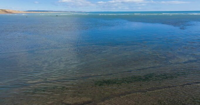 4K video; Backward drone flight over tidal plain at upcoming tide, Atlantic coast of Patagonia, Argentina