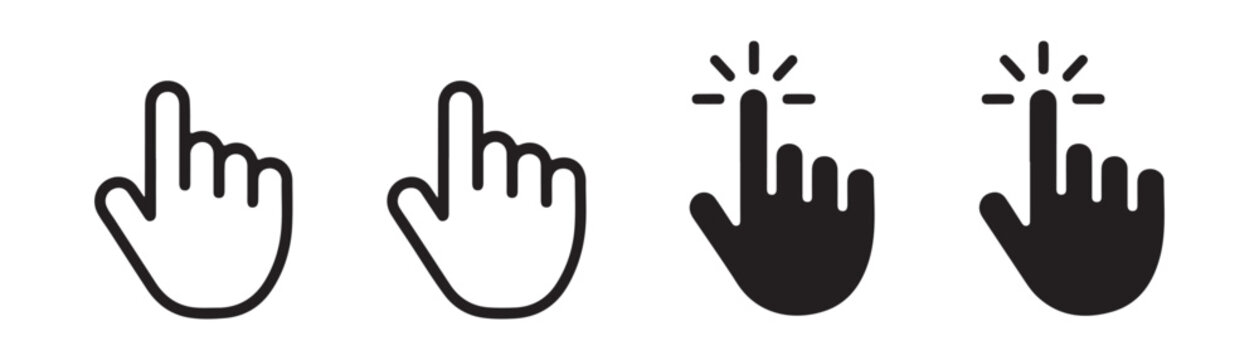 Click hand cursor icon set finger pressing on screen computer mouse pointer design.