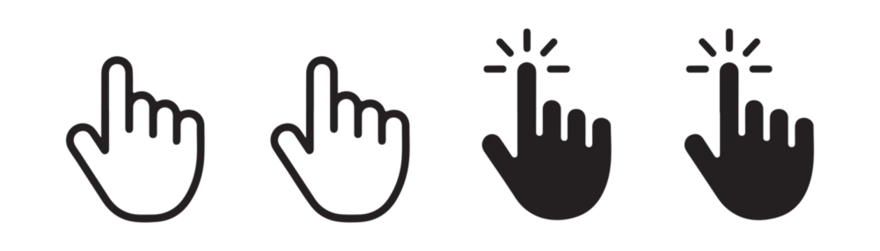 Click hand cursor icon set finger pressing on screen computer mouse pointer design.