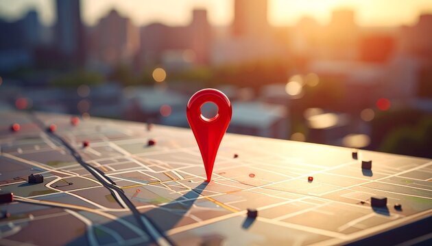 A vibrant red map marker pinpoints a location atop a detailed map, city skyline background