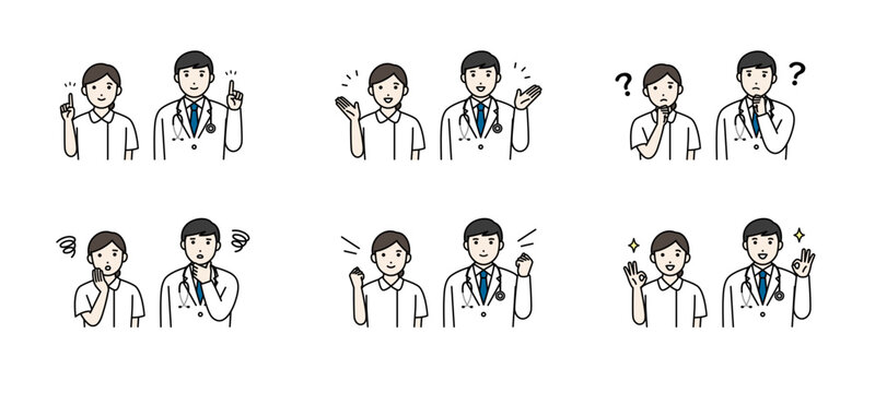 看護師と白衣の男性 いろいろな表情セット