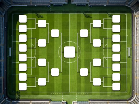 Soccer bracket template on green football field in stadium