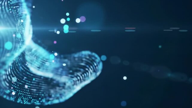 Luminescent digital entities coalesce, interact, and float in a dark, glowing blue-purple digital environment with negative space right, slow push-in dolly video. Concept of AI & data processing