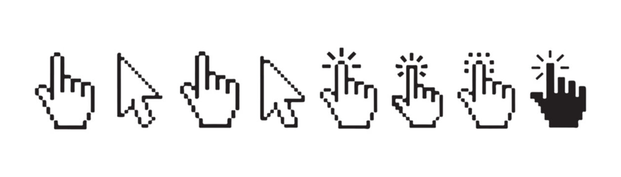 Black pixel hand and arrow cursor icon set for digital navigation and online interface selection.