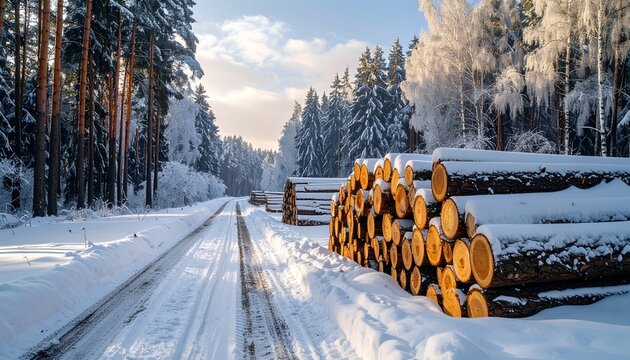 A snow-covered forest path leads past stacked logs with frosted trees under a winter sun