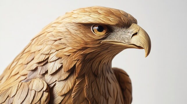 A close-up of a meticulously carved wooden eagle sculpture, showcasing intricate details and a realistic portrayal of the bird's features.