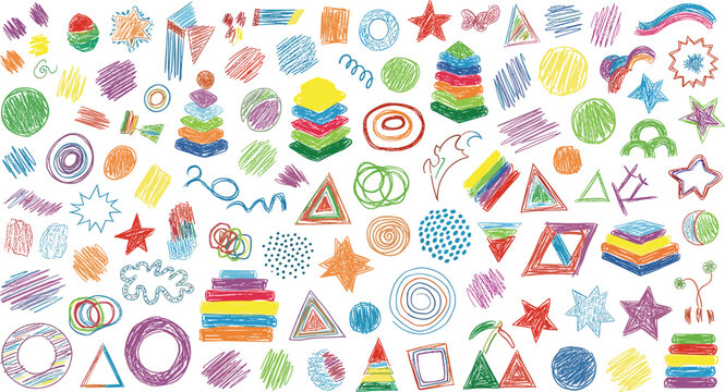 Kids crayon hand drawn geometric shapes and colorful sketch doodle elements vector mega set on white background