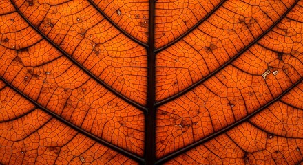 Fototapeta premium Close up of a vibrant orange leaf with intricate vein patterns showcasing autumn textures and natural details