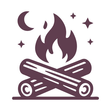 Campfire icon with moon and stars at night
