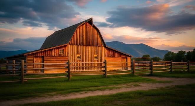 Rustic wooden barn at sunset with mountain backdrop rural american landscape golden hour lighting
