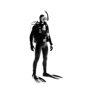 Scuba diver in full diving gear illustration in monochrome halftone style isolated on light background.