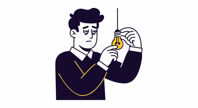 Illustrated man carefully threading small needle with focus.