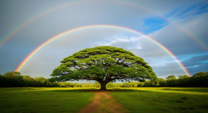 Majestic rainbow arches over lush green field with large tree scenic outdoor landscape