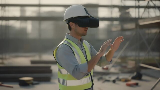 Close medium shot of a VR user on a construction site simulation identifying potential dangers with scaffolding and tools softly blurred out.