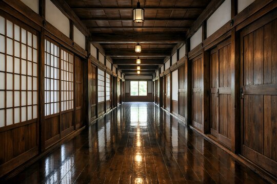 日本の伝統的な建築様式で造られた美しい木目と光沢のある床が続く歴史ある寺院の長い廊下