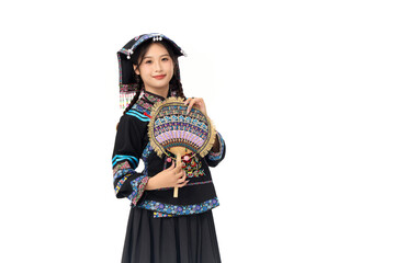 Fototapeta premium Woman in traditional ethnic costume holding decorative fan
