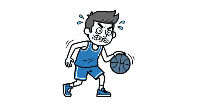 Cartoon basketball player dribbles with intense focus and sweat.