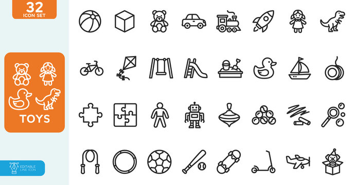Toys Vector Illustration line editable icon set. Contain icons related to children toys, teddy bear, doll, drum, ball, robot, and more. on white background.