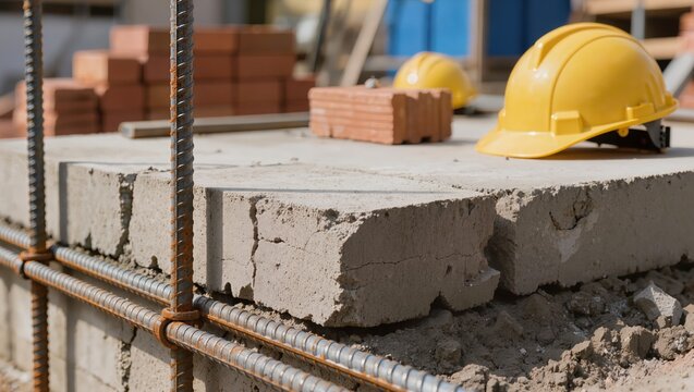 A close up of a yellow hard hat and metal rebar mesh on a raw concrete block foundation at a construction site. Concept of industrial building development and occupational safety