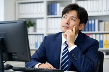Fototapeta premium オフィスでパソコンを前に人差し指を頬に当てて斜め上を見つめ考えるビジネスマン
