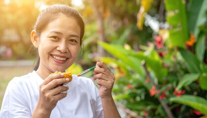 Fototapeta premium Smiling Asian Woman Eating Grilled Corn in Tropical Garden