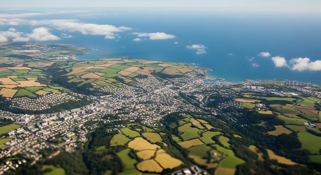 Aerial view of coastal town and farmland devon england uk