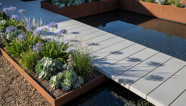 Modern Garden Planter Bed with Purple Allium and Succulent Plants by Concrete Pathway