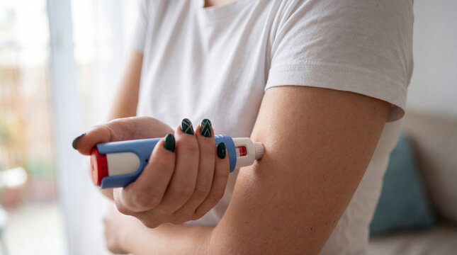 Close-up of a woman in a white t-shirt using an auto-injector pen device to give herself an injection in her upper arm at home