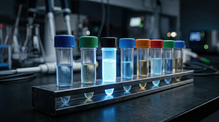 Fototapeta premium Mrna vaccine developments laboratory research with glowing test tube vial science experiment liquid sample glass container clinical analysis medical innovation equipment
