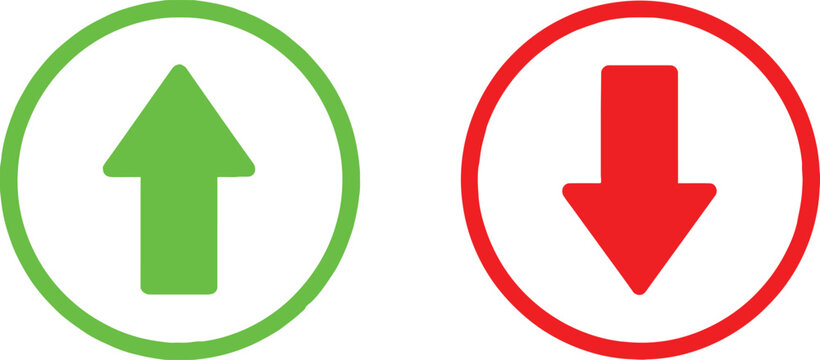 Green up arrow and red down arrow icons inside circles Vector
