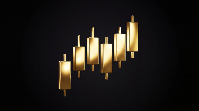 Three-dimensional golden candlestick chart showing a financial market uptrend against a solid black background