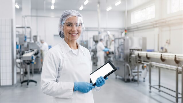 Food production technician smiling, holding digital tablet in clean processing plant, symbolizing quality assurance and innovation.