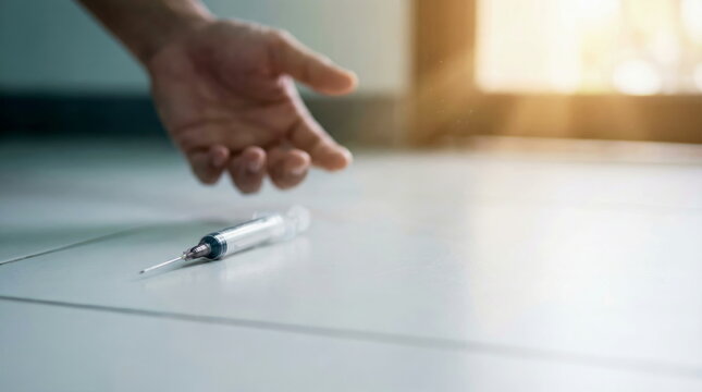 Syringe on indoor tiled floor, human hand reaching for discarded needle, portraying drug addiction, public health crisis, and danger.