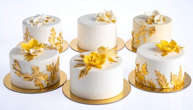 Six small, elegant cakes with flower and leaf decorations on gold stands