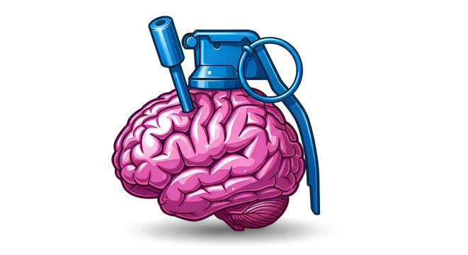 Pink brain, grenade pin, creative concept, mental health, explosive idea