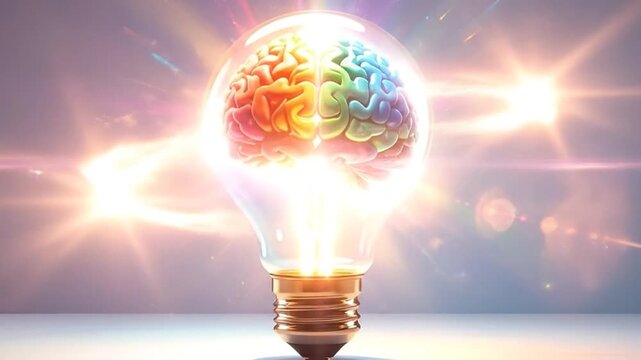 A colorful brain inside a lightbulb, representing creativity and ideas