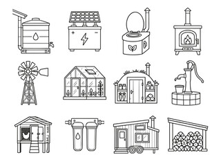 Line Art Off-Grid and Homestead Icon Set with Rainwater Tank Solar Panel Greenhouse Windmill Chicken Coop and Tiny House Symbols © Haris