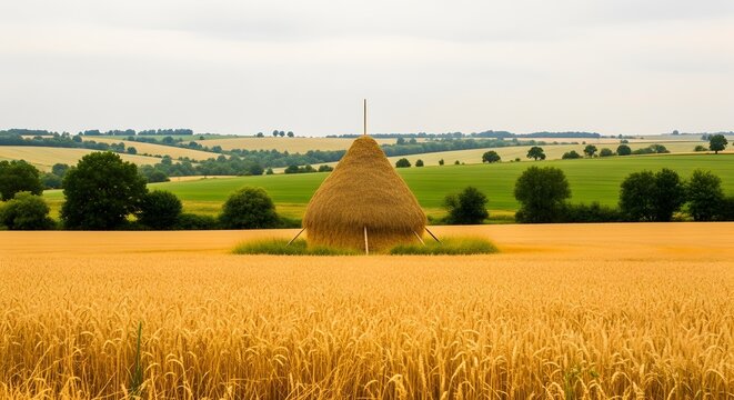 Golden wheat field with traditional haystack in rural landscape summer agriculture scene
