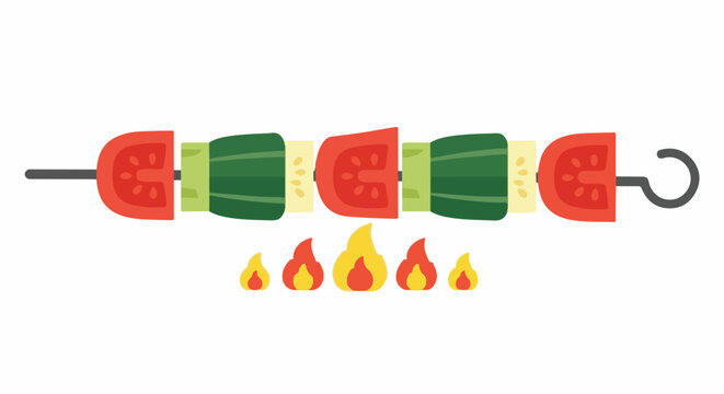 A colorful, flat-style illustration of a vegetable skewer being grilled over small flames