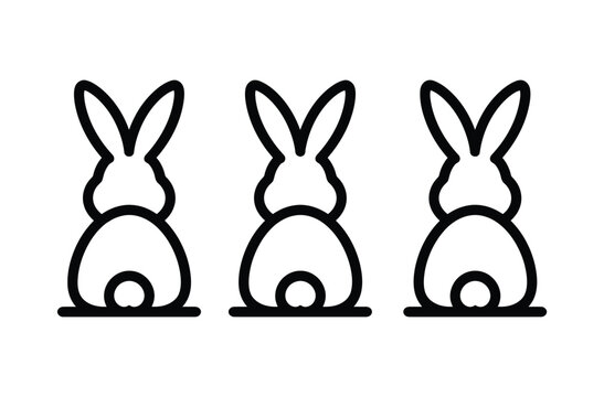 Three cute cartoon bunny rear view icons with line art, lagomorph