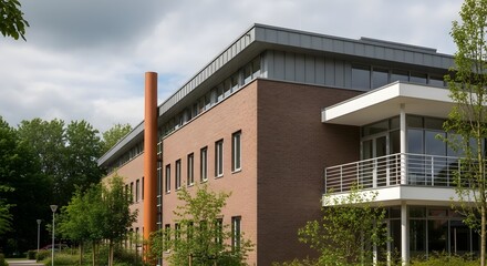 Fototapeta premium Modern brick office building exterior with metal roof and balcony architectural design in a business park setting