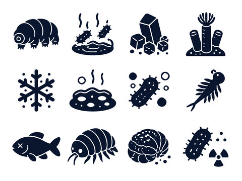 Bold Extremophile and Microorganism Icon Set with Tardigrade Hydrothermal Vent Tubeworm Copepod and Radioactive Bacteria Symbols