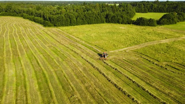 Stunning aerial perspective showing a tractor raking hay in long windrows across a vast green field, preparing animal fodder for silage