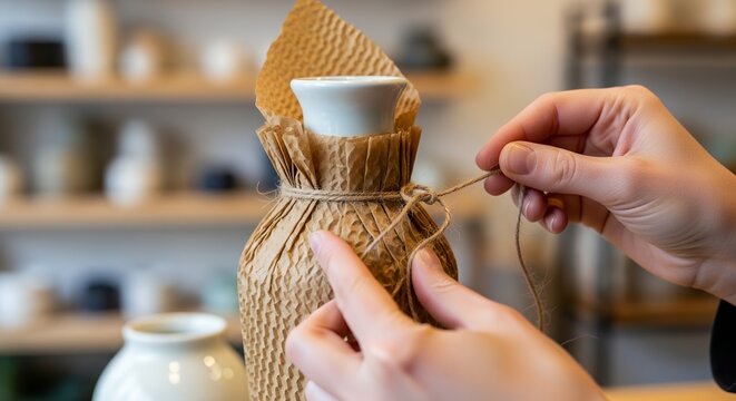 Wrapping ceramic vase with honeycomb paper and hemp string