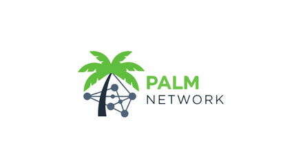 Obraz premium Stylized palm tree with connected nodes beside green and blue text