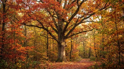 Fototapeta premium Majestic tree with vibrant autumn leaves in a colorful forest scene, commercial nature concept, marketable seasonal appeal, scenic botanical richness, natural detail, balanced composition, soft