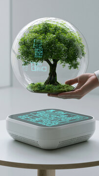 Minimal white table with living biosphere and biochip interface showcasing biosphere biotech eco technology and sustainable innovation