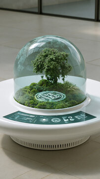 Minimal white table with living biosphere and biochip interface showcasing biosphere biotech eco technology and sustainable innovation